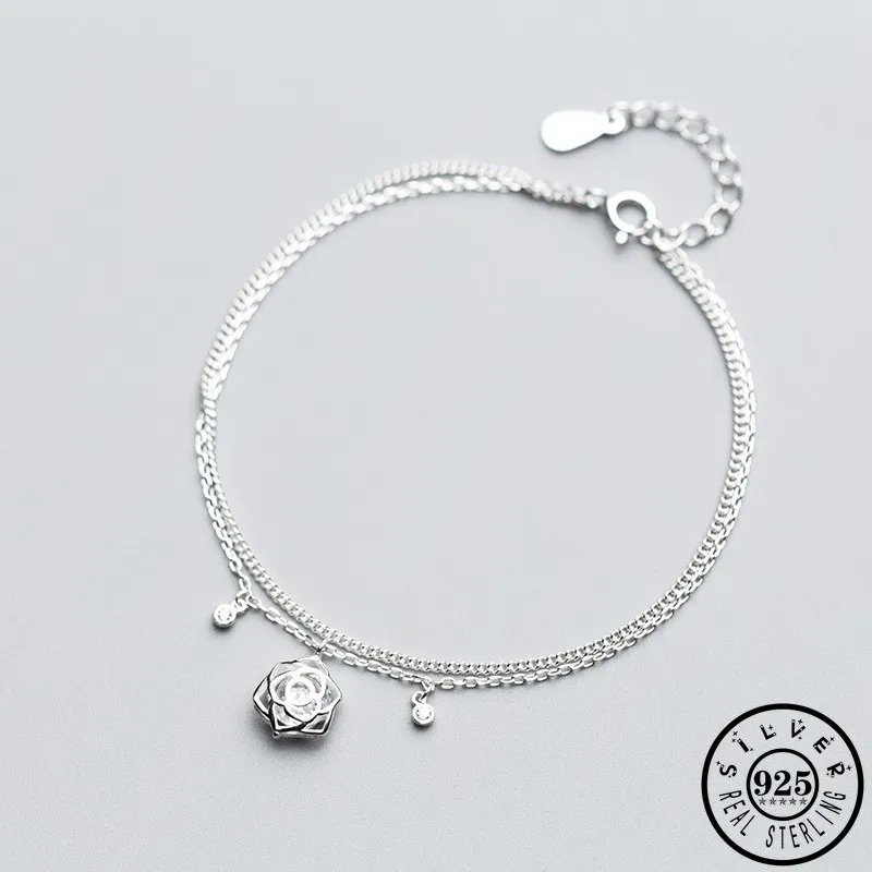 

925 пробы Серебряная роза цветок Форма с кубический циркон камень заявление браслеты с подвесками двойной Слои цепи CZ Браслеты для Для женщи...