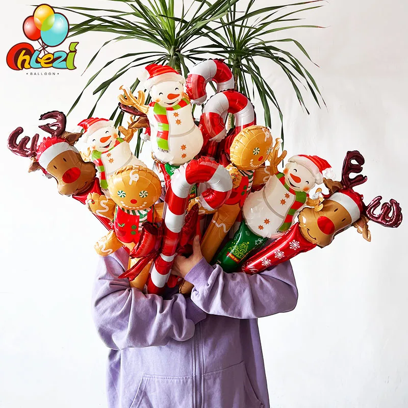

8pcs Snowman Elk Holding Stick Balloons Bow Candy Cane Blow Stick Ballon Merry Christmas Decoration Kids Toys Baby Shower 2022