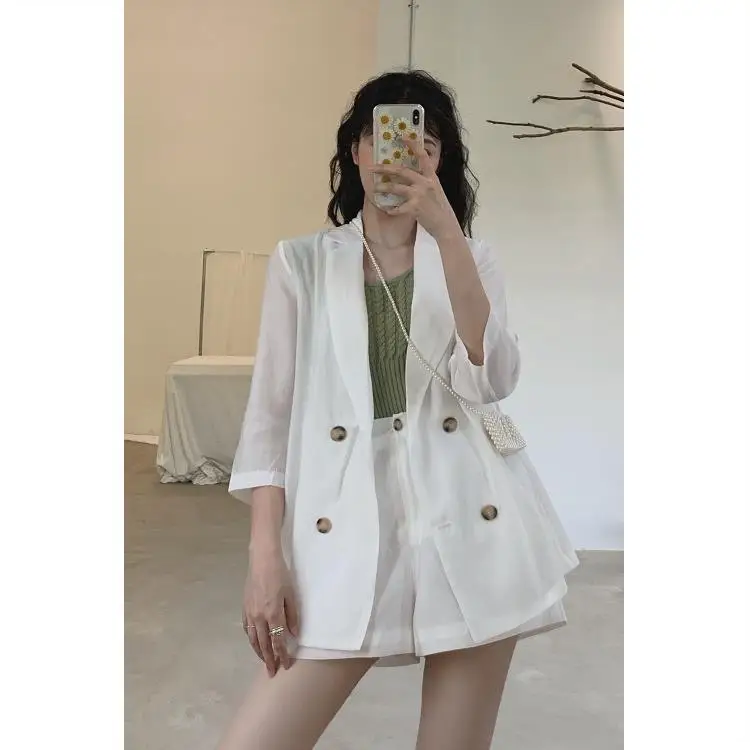 

Spring Autumn Women Suits 2020 Fashion Solid Color Chiffon Thin Sunscreen Shirt Shorts Loose Female Suit 2 Pieces Sets