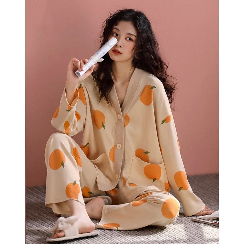 Women's Pajamas Set Cotton Homewear Cute Orange Print Sleepwear Casual V Neck Nightie Plus Size Home Clothes New пижама женская