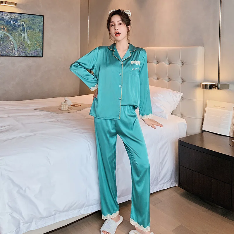 

Satin Sleepwear Female Satin Nightwear 2PCS Sleep Suit Casual Shirt&Pants Homewear Silky Pajamas Set Intimate Lingerie Nightgown
