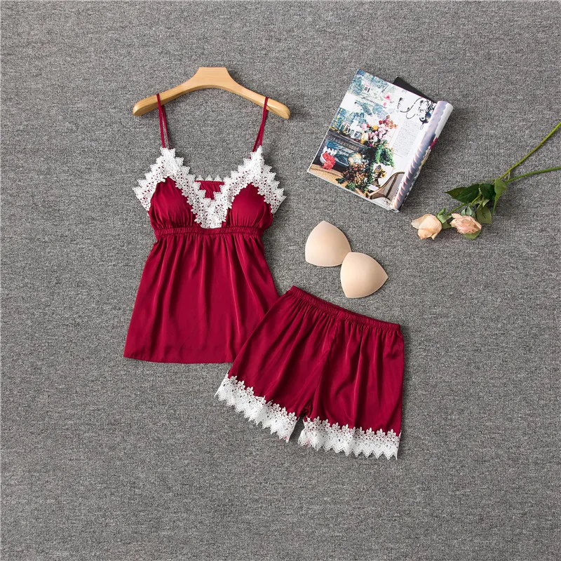 

Korean Cute Night Pyjamas for Women Sexy Home Wear Summer Lace Sleepwear Shorts Female Satin Clothes Night Suit Pajamas Sets New