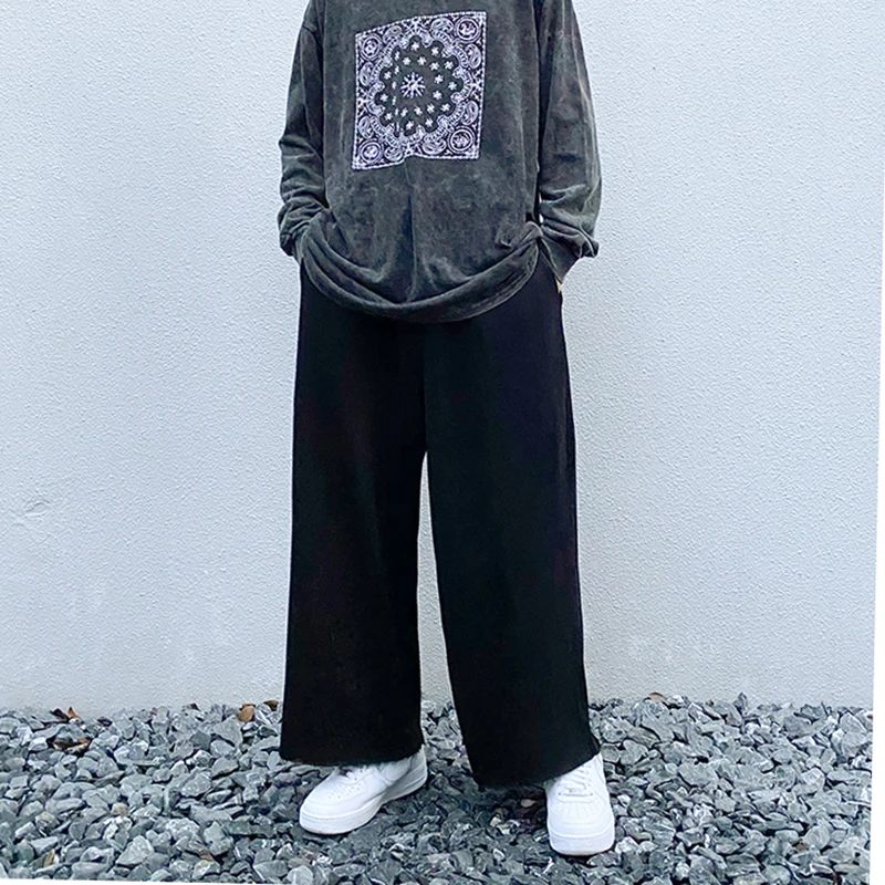 

Harajuku Wide Leg Straight Casual Trousers Men and Women Elastic Wasit Oversize Baggy Terry Sweatpants High Street Loose Pants