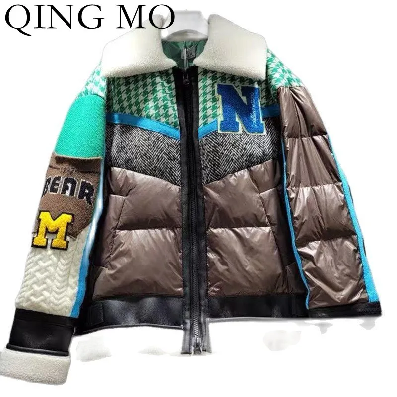 

QING MO 2021 Winter New White Duck Down Thick Warm Down Jacket Women Fashion Stitching Lapel Zipper Cardigan Jacket ZWL1702