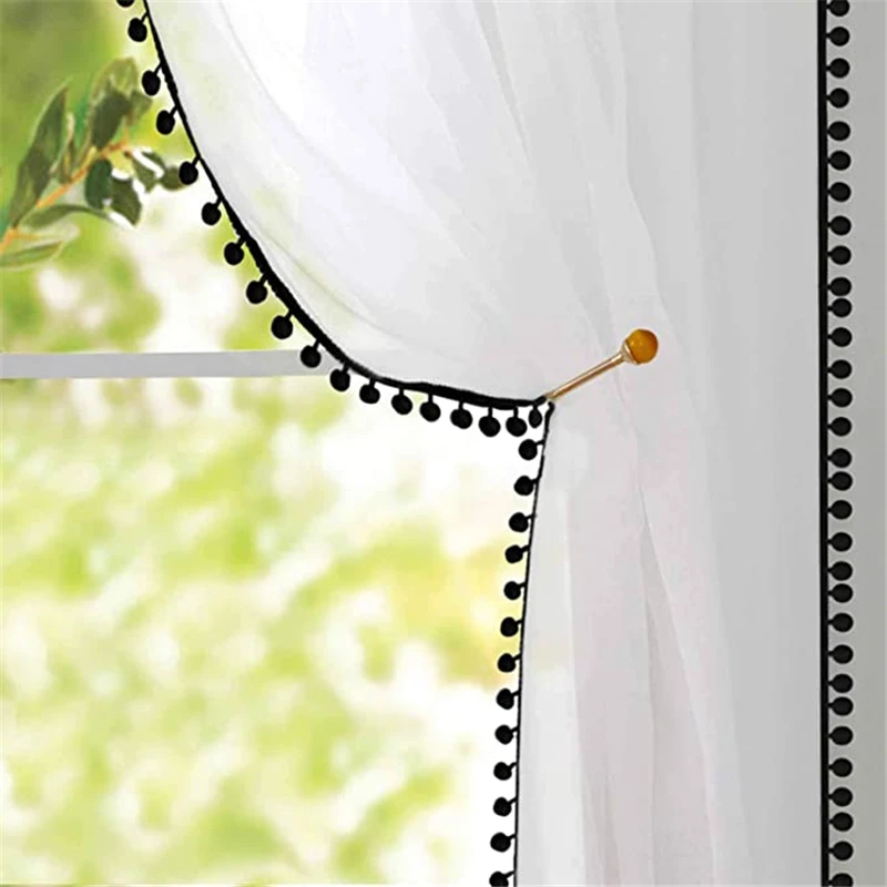 Cortinas transparentes de lino con borlas para dormitorio de niñas, paneles de gasa semitransparentes de color negro, para sala de estar, color blanco