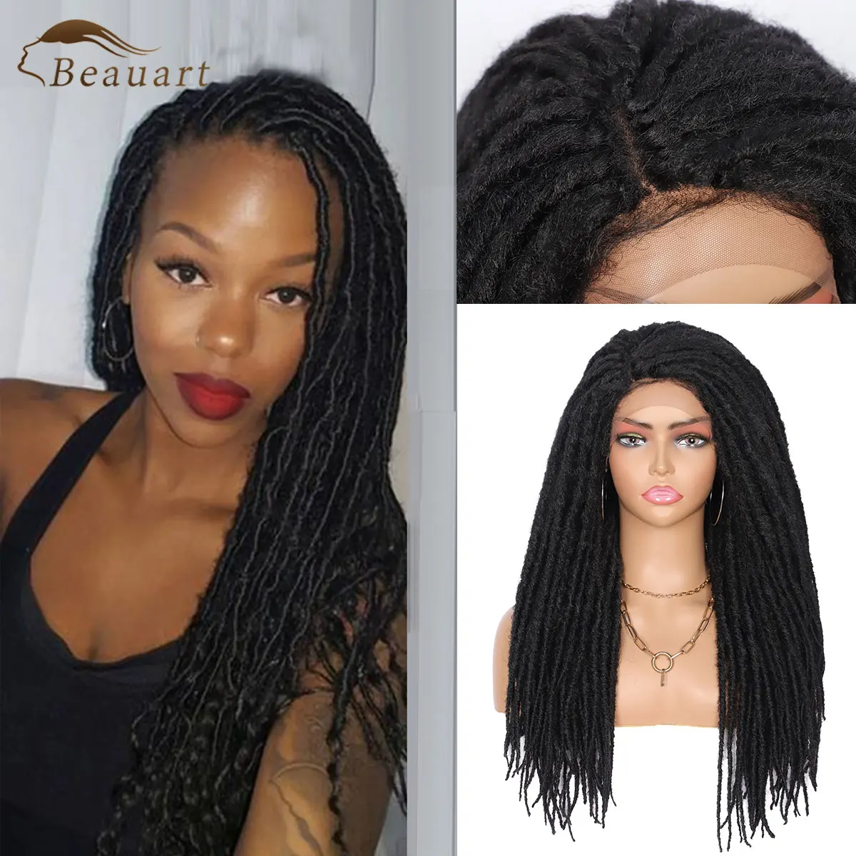 

Beauart Synthetic Lace Front Locs Braided Wigs with Baby Hair for Black Women Faux Twist Side Parted Braids Lace Frontal Wigs