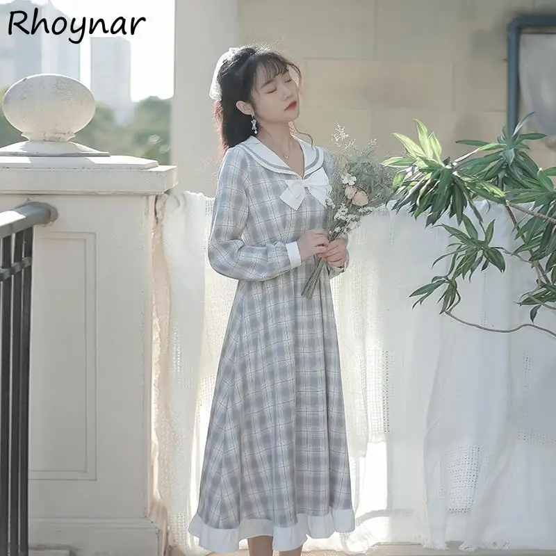 

Long Sleeve Dress Women Japanese Style Bowknot Mid-calf Plaid Simple All Match Sailor Collar Spring Vestido A-line Female Ins