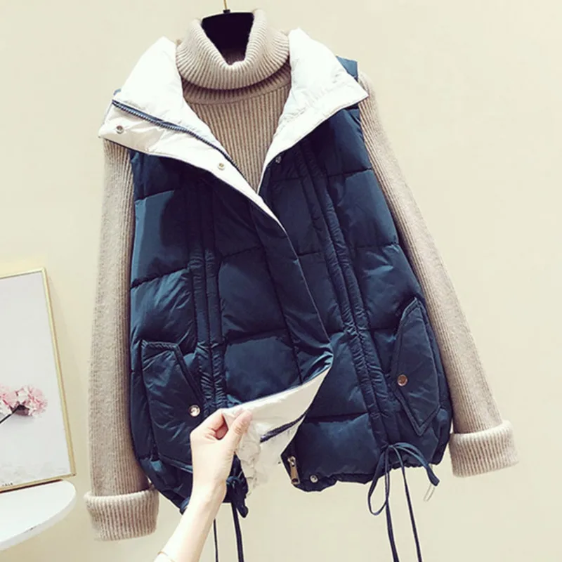 

#0405 Winter Black Beige Blue Vest Waistcoat Women Cotton Thick Bodywarmer Short Vest Female Loose Sleeveless Jacket Drawstring