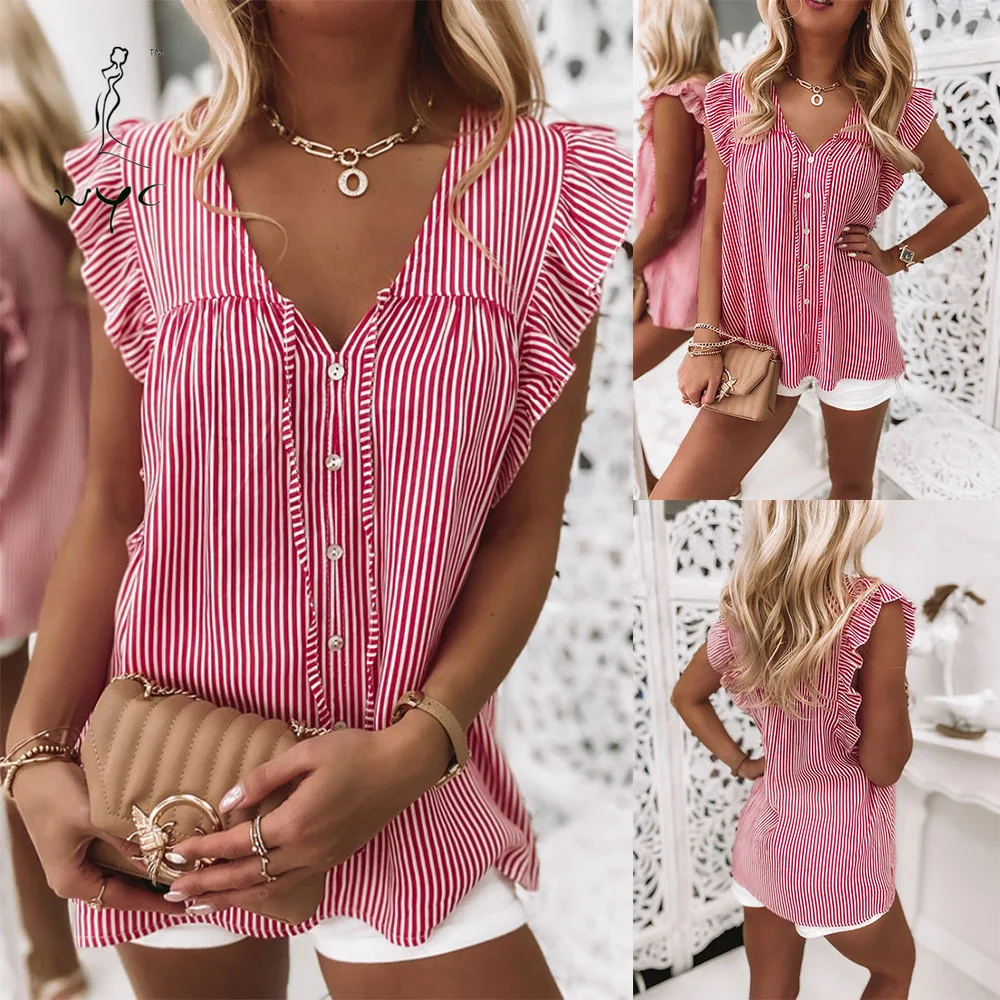

Women Summer New Fashion Striped Ruffles Shirts Female Short Sleeve V-neck Button Plus Size Casual Blouses Ladies Dropshipping
