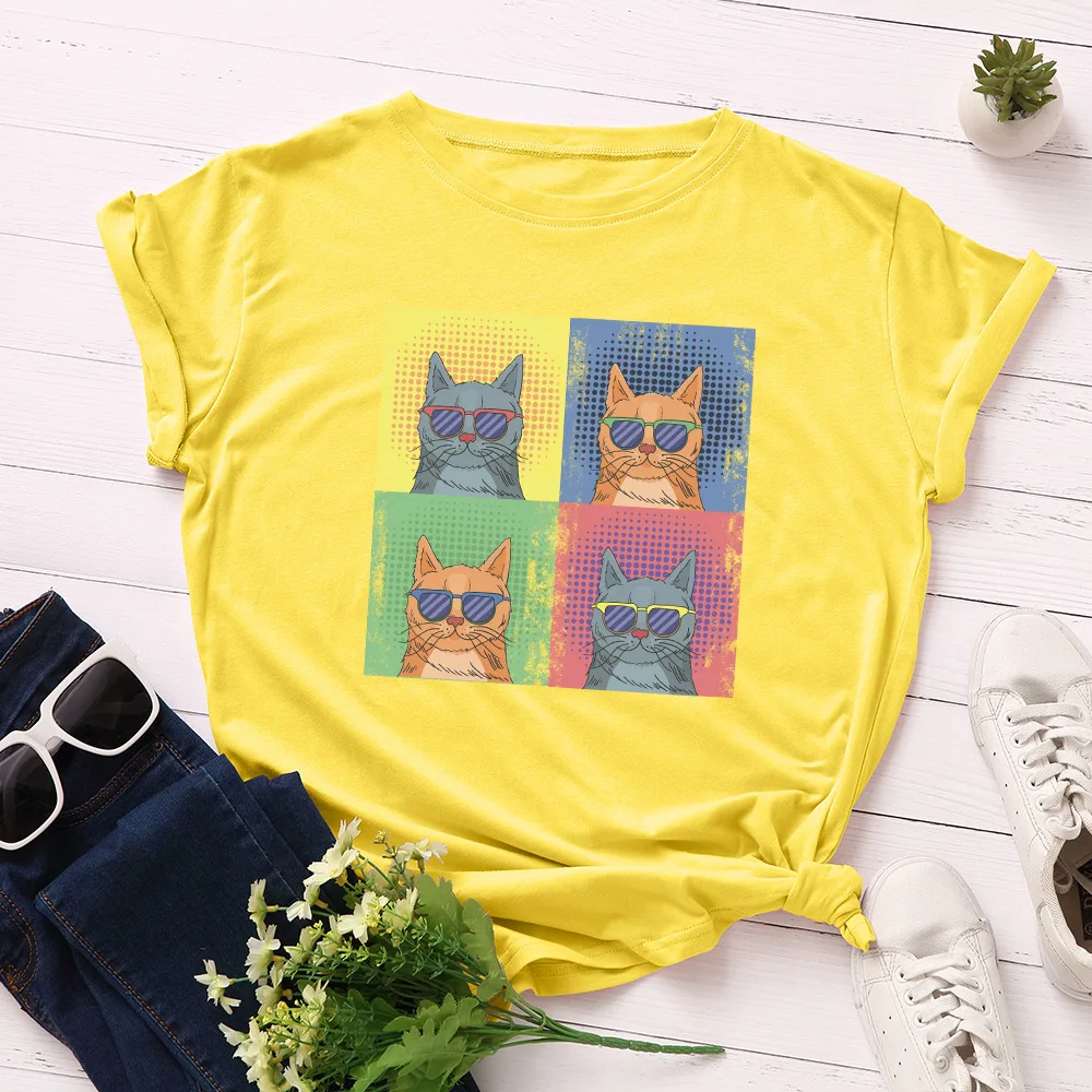 

Funny Four Cats Basic Tops Cartoon Short Sleeve Graphic Print Tee Shirt Plus Size Cotton Women T-shirt Casual Loose Tshirt S-5XL