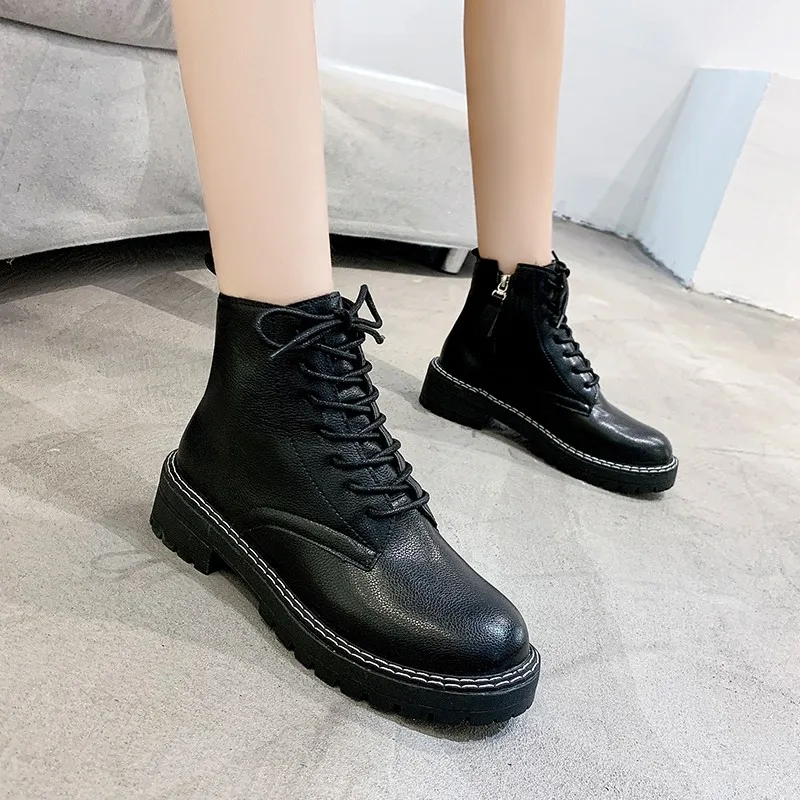 

2020 Women Boots Lace Up Platform Motorcyle Boots Zip booties Sewing Ankle Boots Female botines mujer