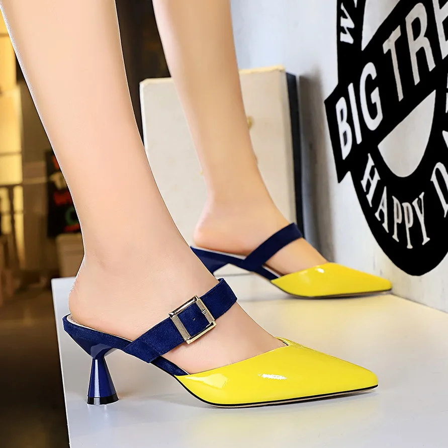 Женские туфли без задника на каблуке 6 см повседневные шлепанцы желтого и