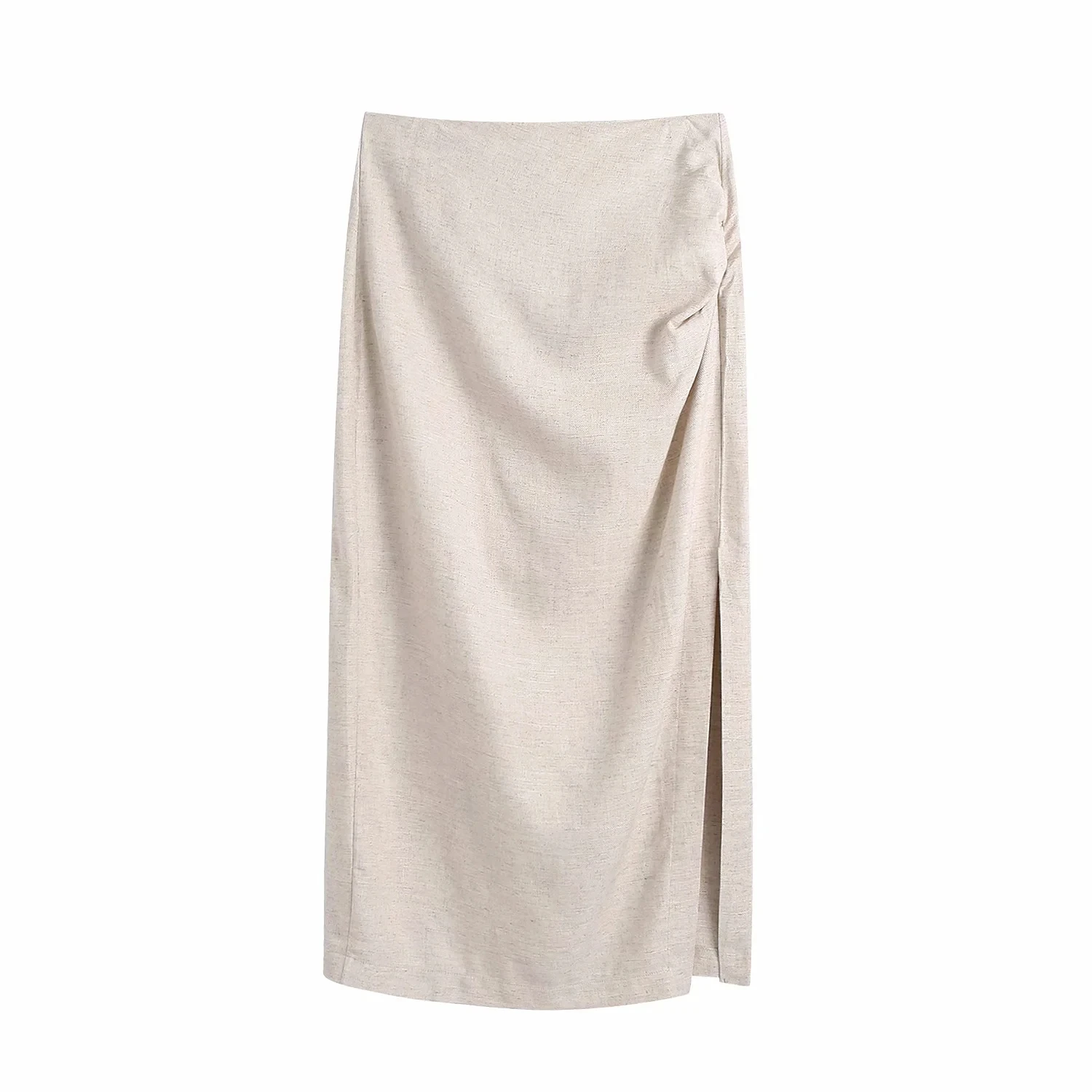 

XNWMNZ Za Summer Faldas Women elegance linen Midi Skirt Ruched High Waist A-line Skirts Slit split Middle length Skirts Female