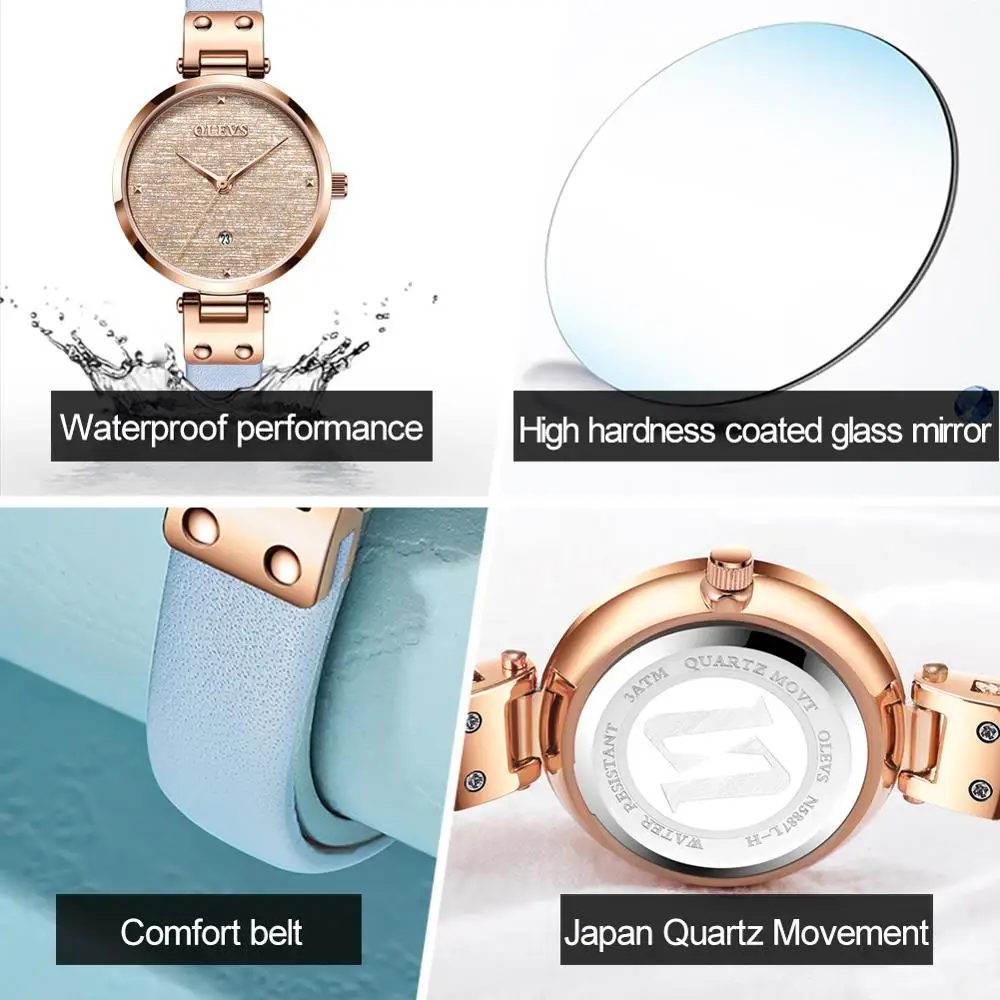 OLEVS часы женские из розового золота кварцевые кожаные тонкие простые модные