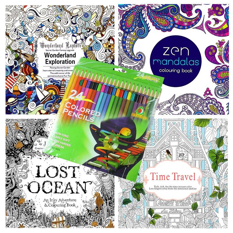 

4 pcs/lot Coloring Book with 24pcs HB Colored Pencils For Children Adult Relieve Stress Graffiti Painting Drawing Art Books
