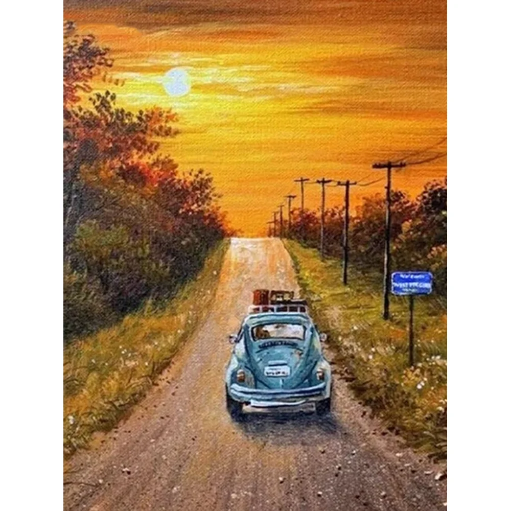 

Diamond Painting Full Sunset Street Car Square/round Embroidery Tree Scenery Mosaic Diamond Art Wall Stickers