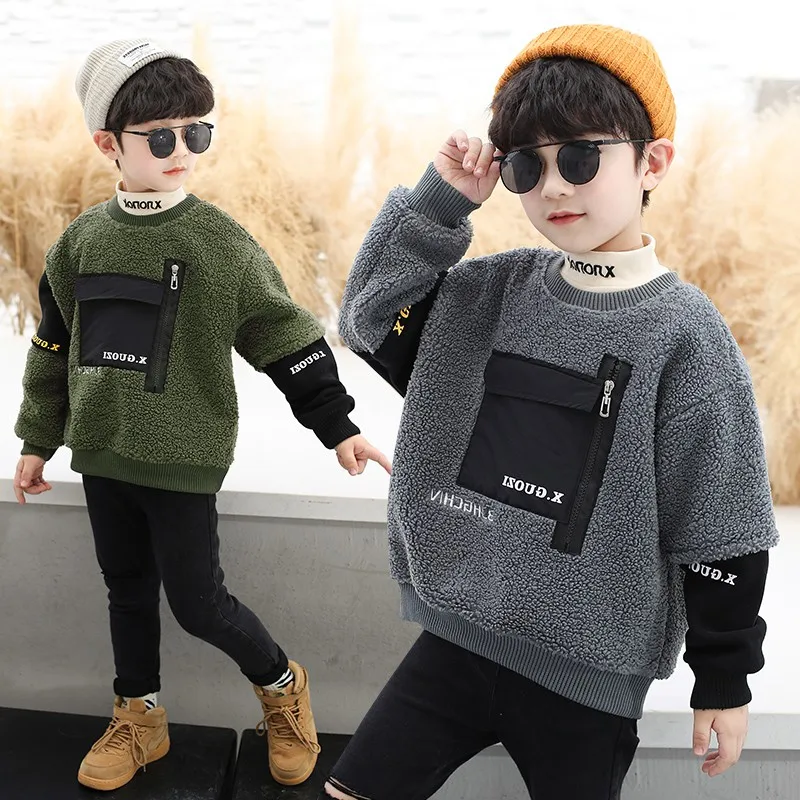 

2020 New Boy Outfit Autumn 4T-14T Winter Thick Knitted Fleece Pullover Long Sleeves Kids Sweater Casual Coat
