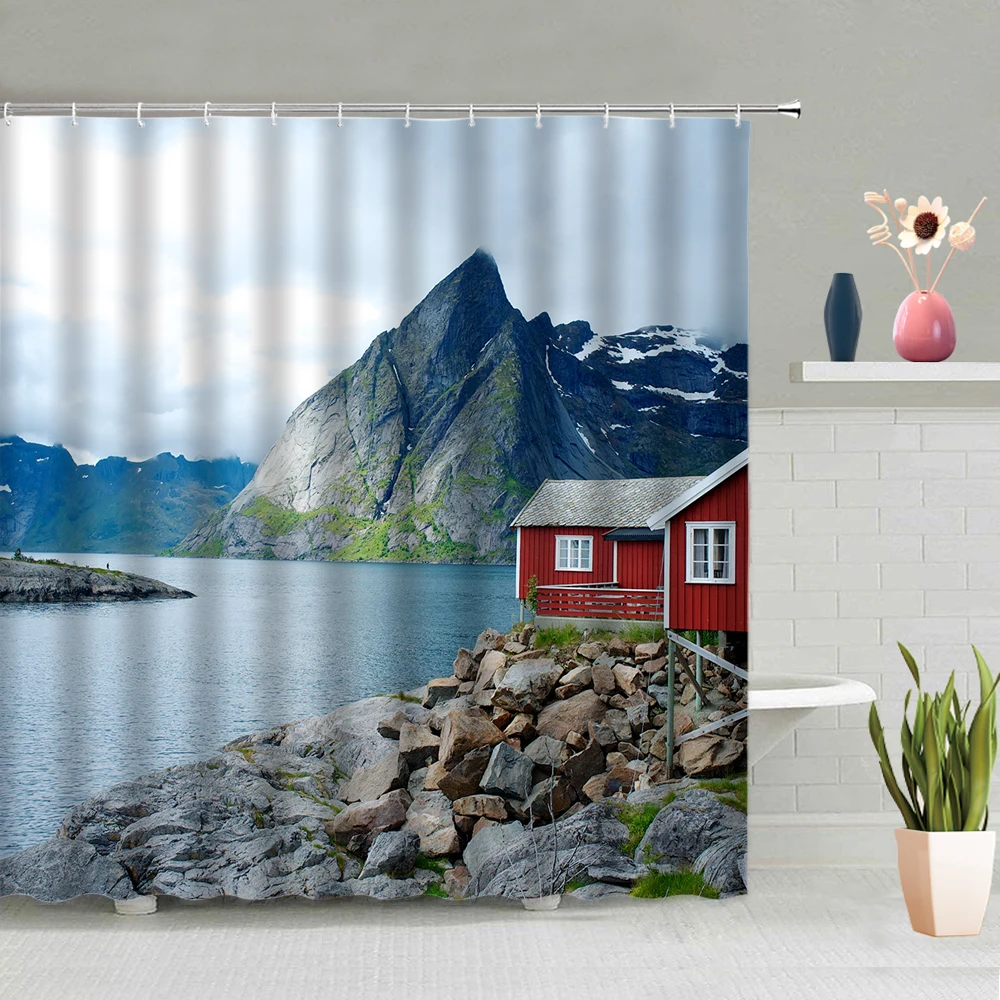 

Building House Shower Curtain Sea Mountain Stone Tree Dandelion Field Pattern Decorative Screen Waterproof Fabric Suit With Hook