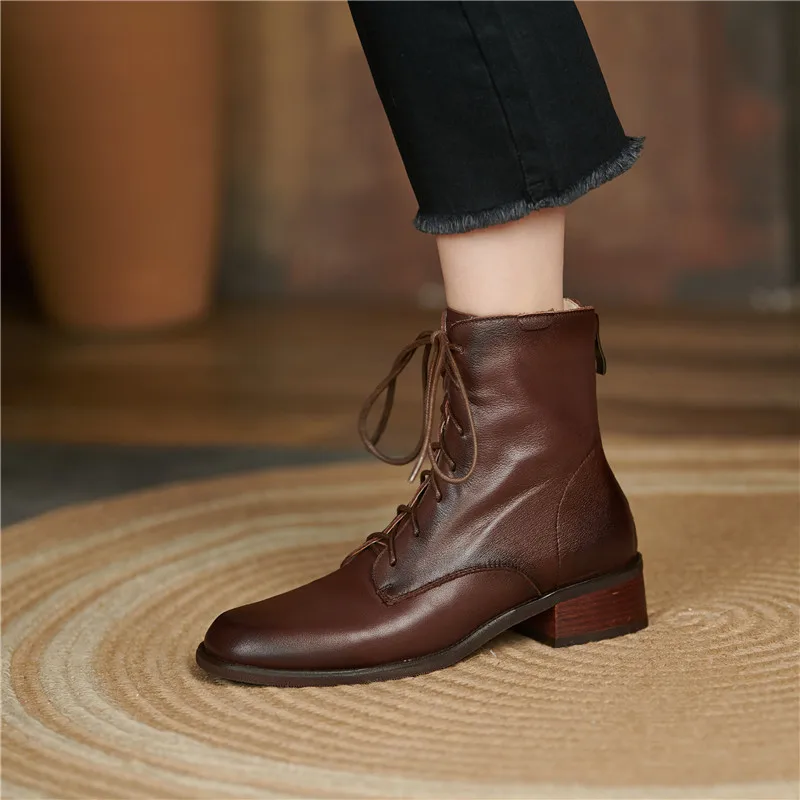spesifikasi Asumer Sepatu Bot Kulit Asli Model Baru 2021 Sepatu Wanita Berenda Sepatu Kasual Hak Rendah Antik Sepatu Bot Pergelangan Kaki Musim Gugur Musim Dingin Wanita