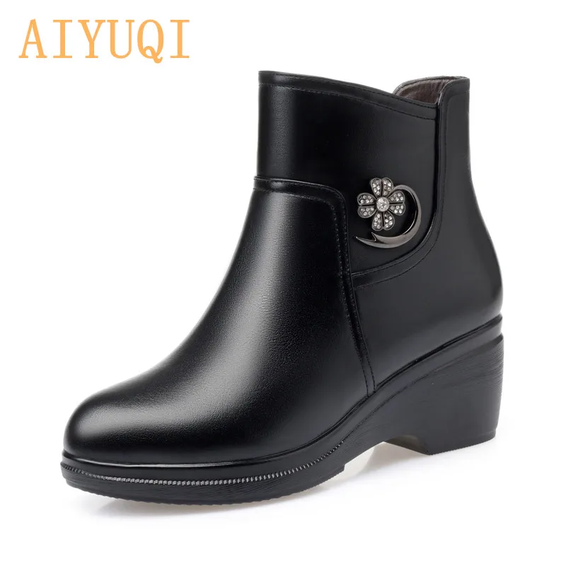 AIYUQI Winter Boots Women Genuine Leather Big Size Mother Wedge Boot Black Platform Boots Thick Wool Ankle Boots