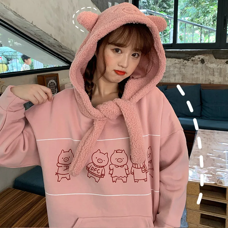Autumn Winter Women Pig Ear Fleece Scarf Hooded Sweatshirt Plus Velvet Thicken Hoodies Sweet Girls Cartoon Print Kawaii Tops