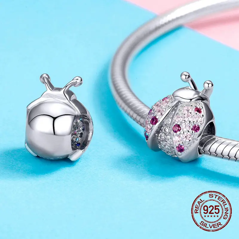 Fit Pandora браслет Шарм розовый циркон бусины «божья коровка» 925 стерлингового серебра Женщина Подвеска для изготовления ожерелья Лидер продаж