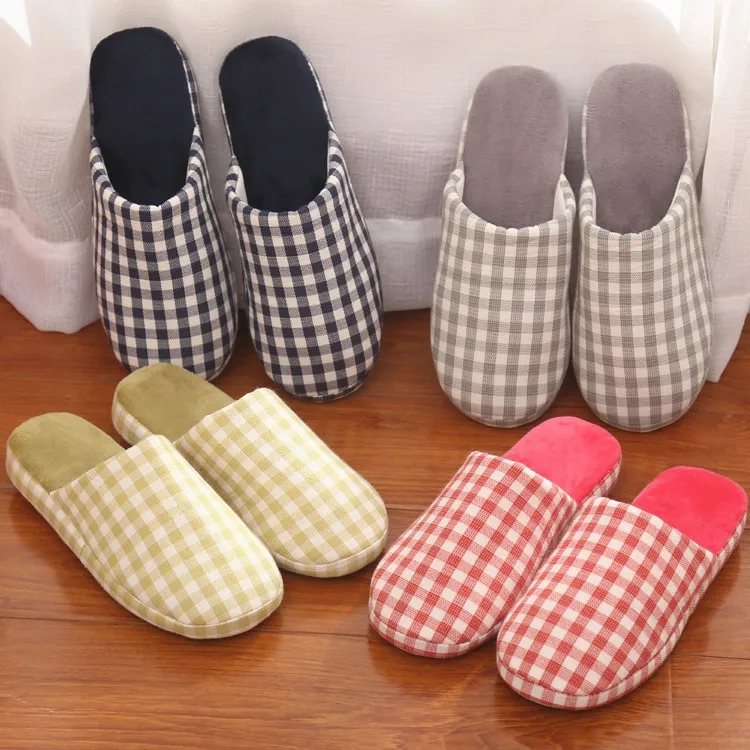 

New Fashion Couples Sandal for 2021 Winter Plaid Pattern Mixed Colors Cotton Fabric Women Shoes Soft Soled Non-slip Indoor Slide