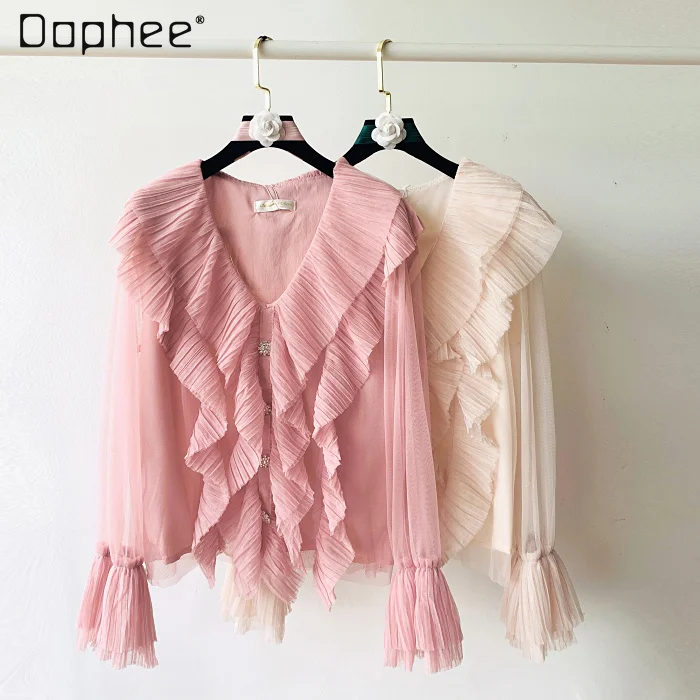 

Retro French V-neck Pleated Ruffled 2021 Fall New Loose Shirt Palace Style Female Fairy Temperament Lace Shirts and Tops Mujer