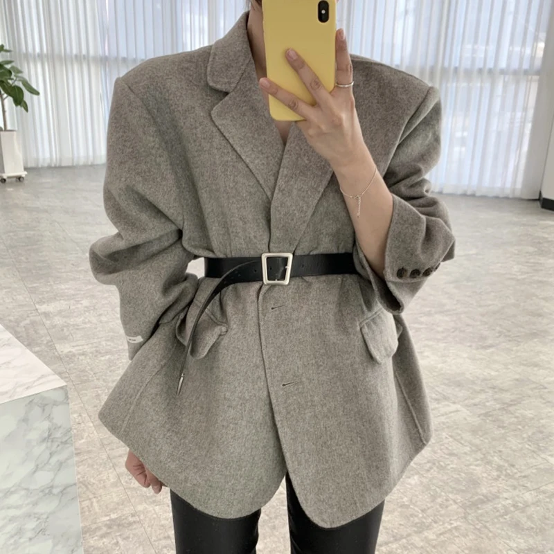 

Korea chic autumn temperament elegant lapel two button design cardigan long sleeve woolen coat with belt