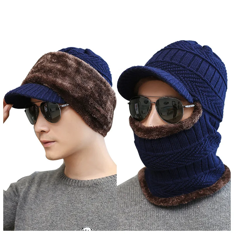 

Men Warm Skullies Beanie + Soft Scarf Two-Piece Set Winter Thicken Hat Male Windproof Knitting Caps Neck Warmer Outdoor Riding
