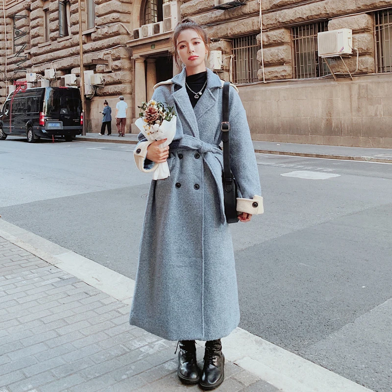 

LANMREM 2022 Autumn Winter New Woolen Coat Female Long Sleeve Contrast Color Lace Up Length Coats Women Fashion Clothing 2W1301