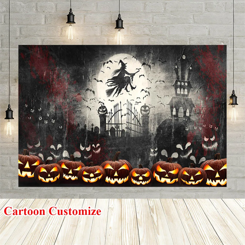 

Avezano Halloween Photo Background Scary Castle Bat Cemetery Pumpkin Lantern Moon Photography Backdrop For Photoshoot Photozone