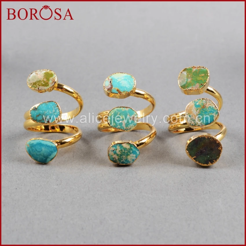 

BOROSA Fashion Irregular Natural Turquoises Rings Gold Three Blue Stone Adjustable Open Rings for Women Party Rings Jewelry G280