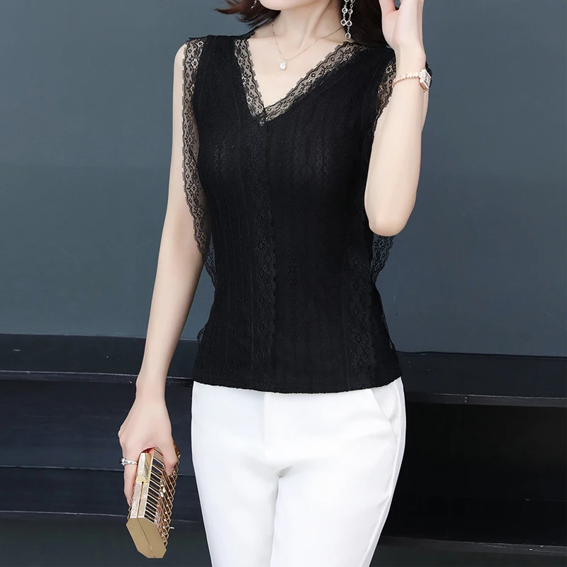 

Only Plus Sleeveless Lace Fashion Women Shirt Lace Blouse Summer Tops Sexy V-Neck Hollow Put Crochet Female White Blouse Shirt