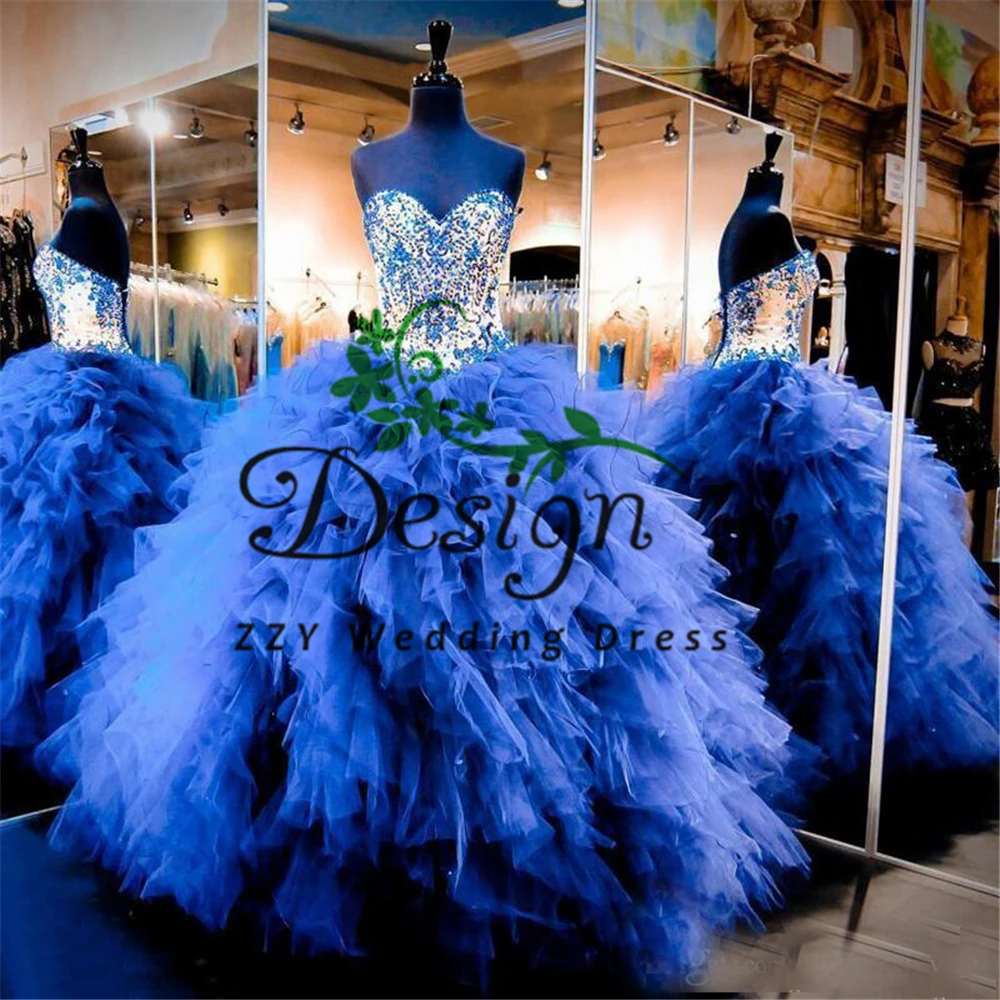 

Royal Blue Beading15 Dress Quinceanera Dresses Sweetheart Neckline Multi-Layers Court Train Vestidos Para 15 Quinceanera Dresses