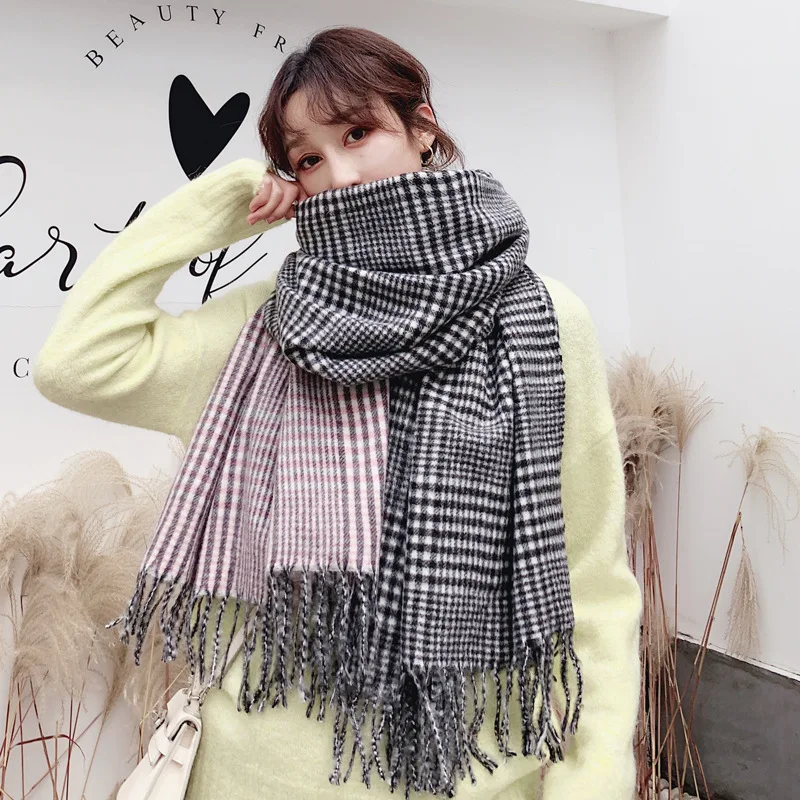 Зимний двусторонний шарф из пашмины в гусиную лапку имитация кашемира клетчатый