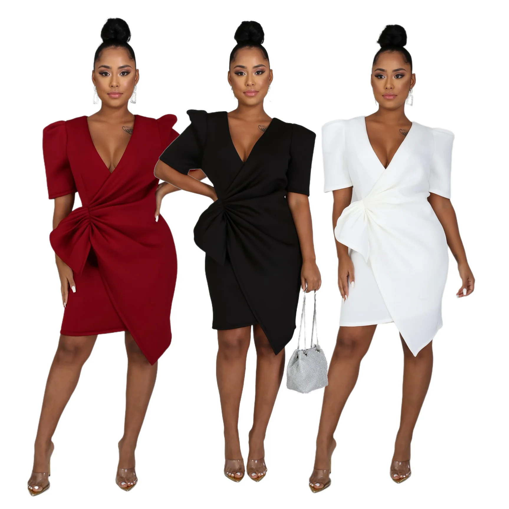 

Платье-мини женское Плиссированное с пышными рукавами и V-образным вырезом, 3 цвета