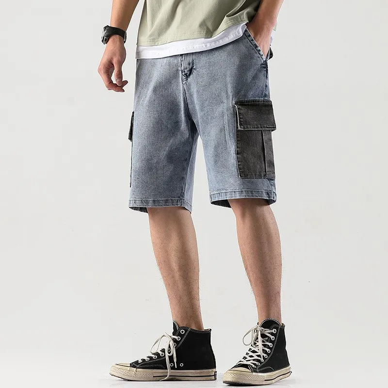 

Шорты мужские джинсовые с эластичным поясом, модные бриджи с большими карманами, повседневные короткие брюки из денима, красивая уличная од...