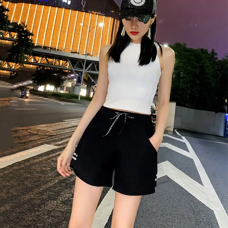 

Women's Summer Fashion Shorts Loose High Waist Thin Korean Style Beautiful Letter Print Drawstring Black Casual Sports Shorts