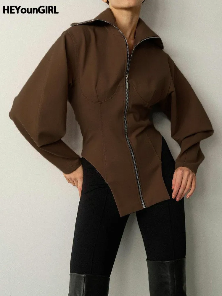 

HEYounGIRL Zipper Women Winter Coat Long Sleeve Basic Casual Irregular Jacket Fashion Hight Street Solid Overcoat Ladies Clothes