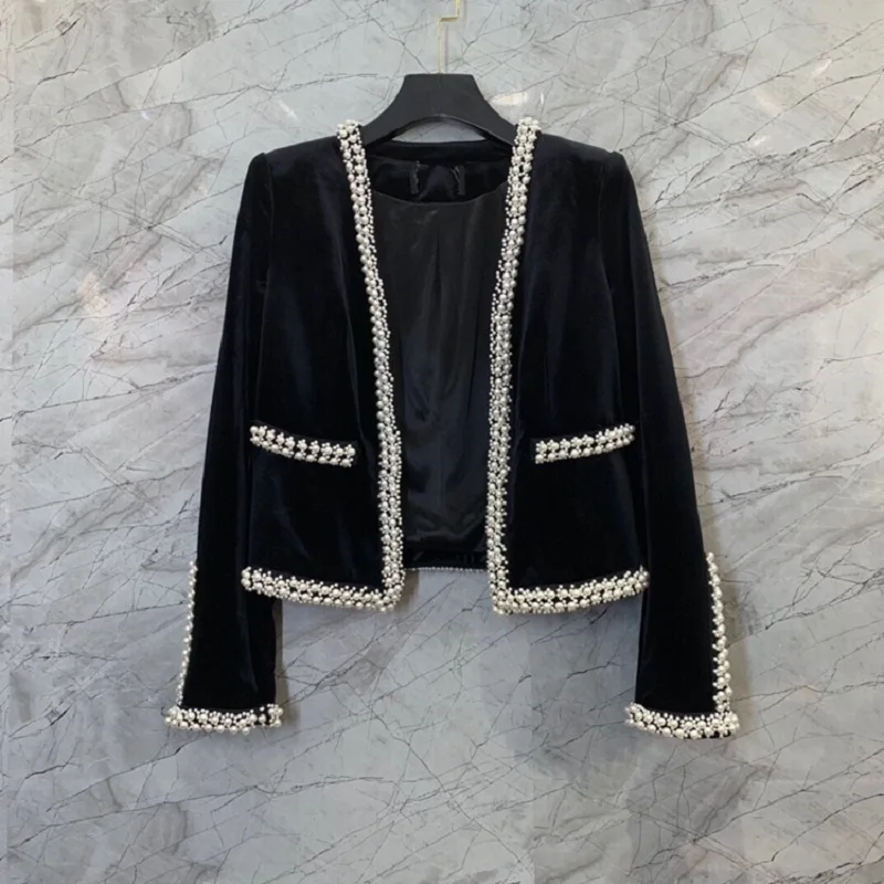 

Top Quality New Cardigan Jackets 2021 Autumn Winter Outwear Coat Women Hand Made Beading Deco Long Sleeve Black White Coats XXL