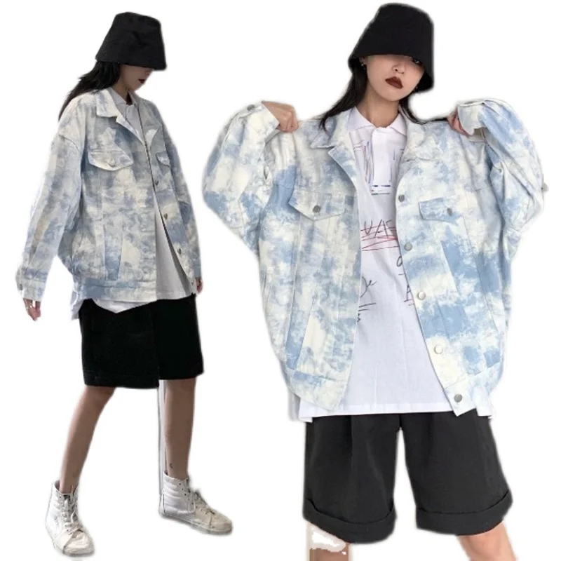 

#9147 Retro Tie Dyed Denim Jacket In Woman Spring And Autumn Loose Jean Jacket Coats Ladies Single Breasted Cotton Coat Female