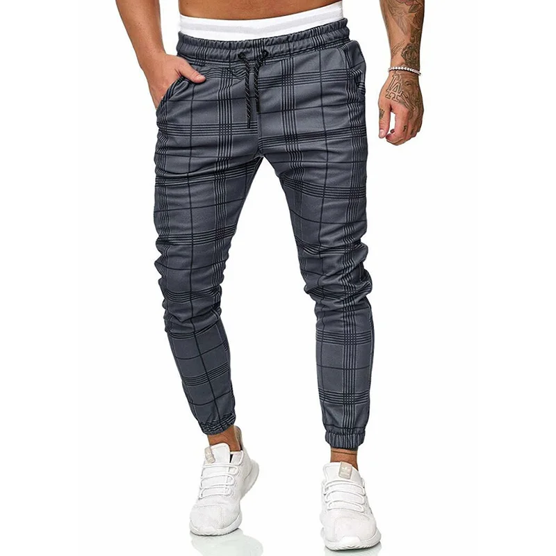 

Autumn Men Casual Pencil Pants Plaid Long Sport Trousers Slim Fit Joggers Gym Sweatpants Male Cool Outwear Elastic Waist Bottoms