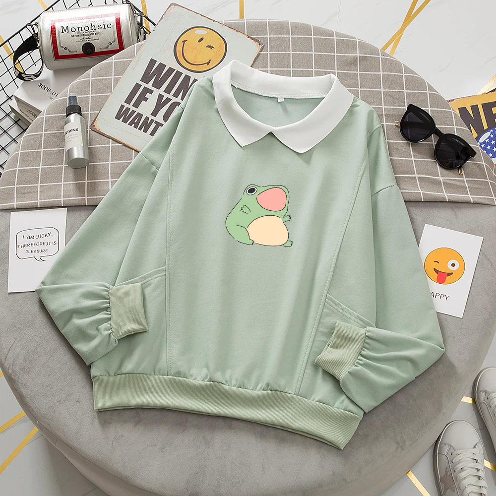 Cute Sweatshirt No Hood Sweetshirt Kpop Clothes Hoodies Kawaii Frog Printing Cotton Thin Long Sleeve Shirt with Hoodie for Women
