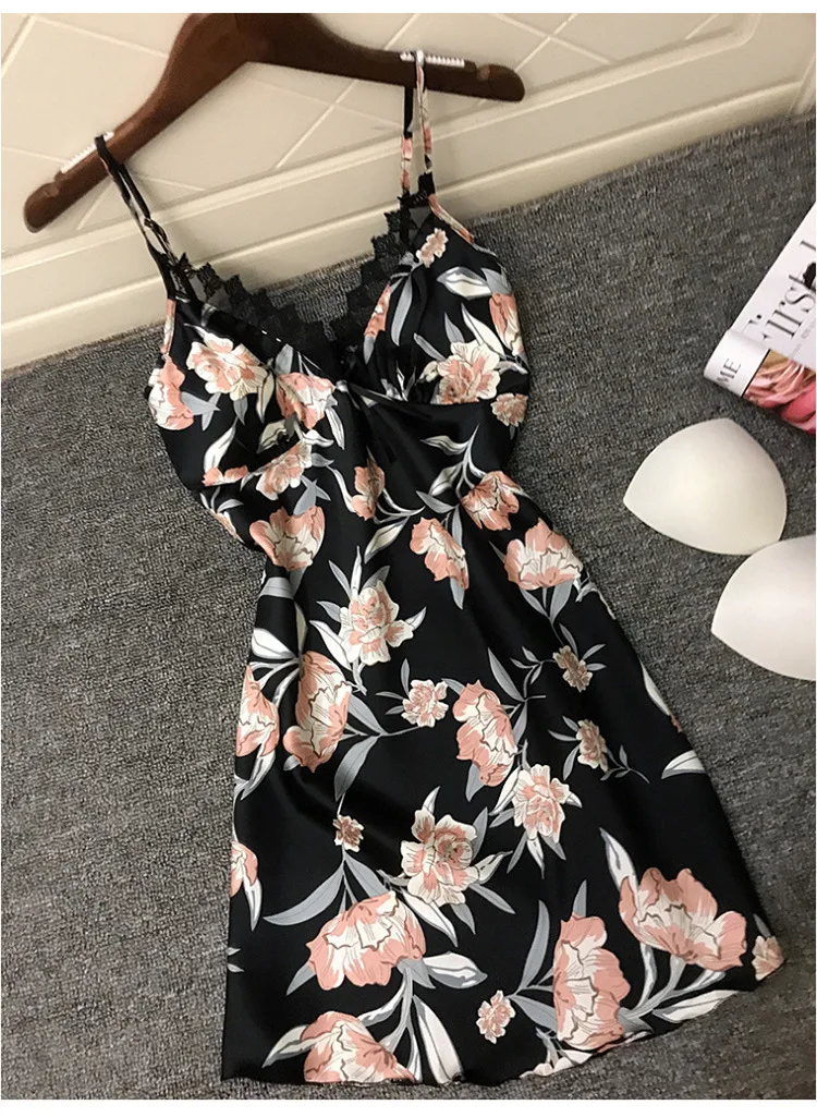 

2021 New Sexy Women Sleeveless Leaves Printing Night Dress High-waist Slim-fit Sling Imitation Silk Home Service Dropshipping