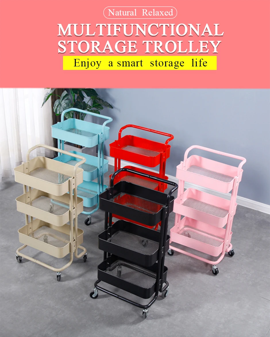 Простая металлическая полка на колесиках трехуровневая многофункциональная для