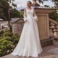 boho a line wedding dress sheer puff long sleeves scoop neck 3d flowers garden bridal gowns elegant 2021 robe de mariee