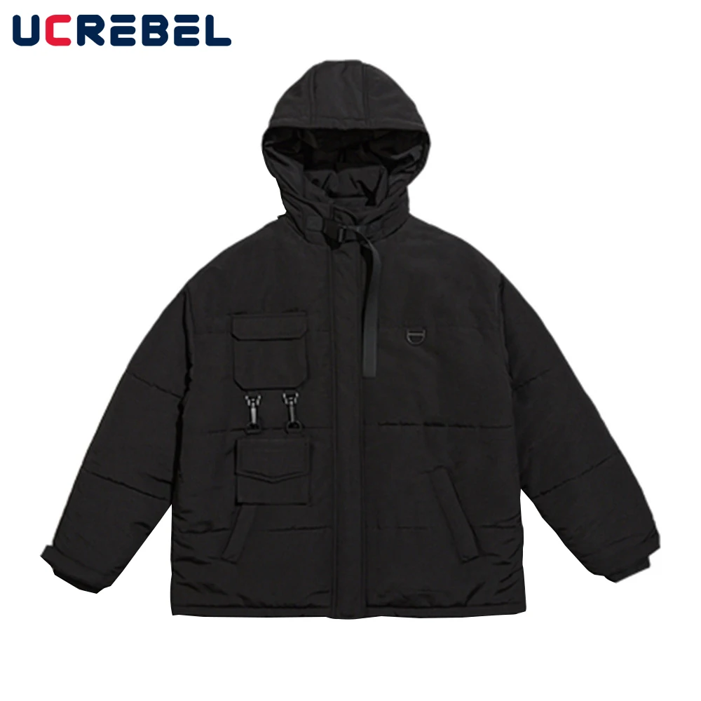 

Multi-Pocket Hoodies Quilted Jacket Mens Winter Solid Color Padded Jacket Streetwear Casual Loose Thick Outerwear Men