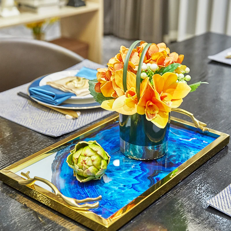 

Blue Seascape Decorative Storage Trays Dressing Table Cosmetic Skincare Product Organizer Plates Glass Tray Bathroom Shelves