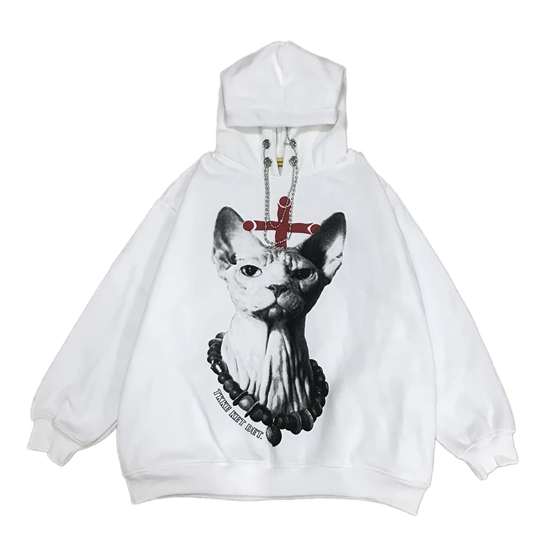

2020 Spring and Winter Thicker Sweatshirt for Women Cat Pattern Loose White Oversized Hoodie Chain Harajuku Pullovers Clothes